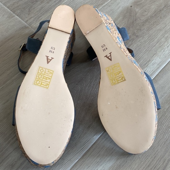 Anthropologie Arden Denim Blue Cork Platform Wedge Leather Sandals Size 9 - Picture 7 of 10